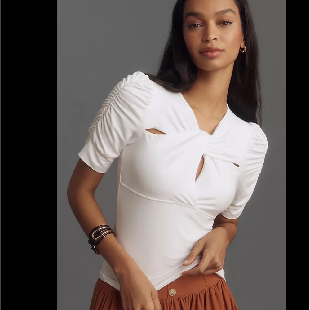 WALTER BAKER Sylvie Twist Front Puff Sleeve‎ Knit Top White Size M NWT MSRP $148